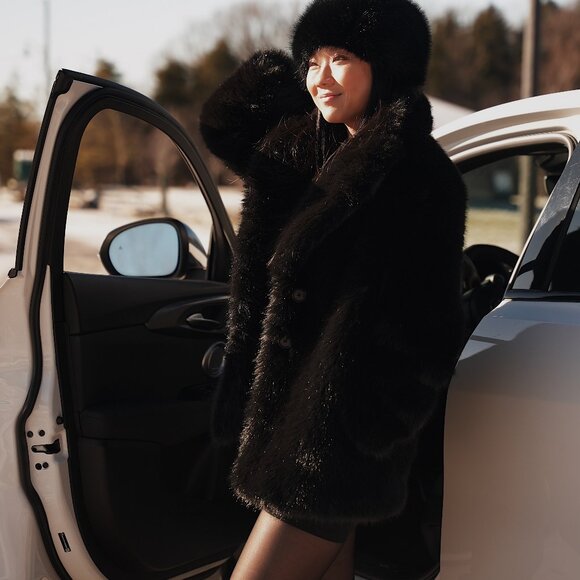 Mango Faux Fur Coat with Lapel - Picture 1 of 3